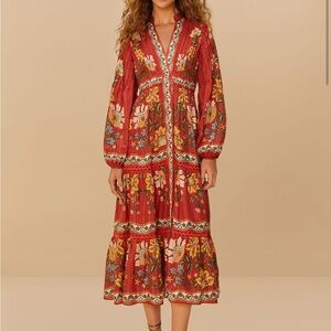 FARM Rio Rust Red Floral Tiered Maxi Dress
